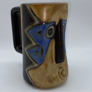 Vintage Mara Mexico Pottery Coffee Mug Blue Aztec Tribal Face Tiki Cup Signed